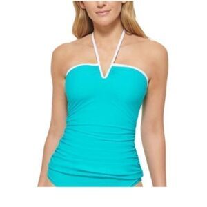 Calvin Klein V-Wire Bandeau Halter Tankini Swim Top Tropical Waters Blue XXL New